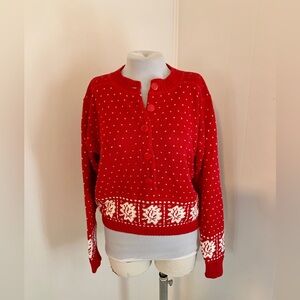 VTG Chinawear Red Cardigan Fair Isle Snowflake Knit Sweater Winter Fisherman M